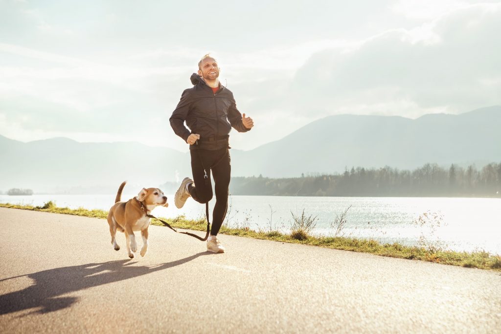 Un chien et son maître qui font de la course à pied