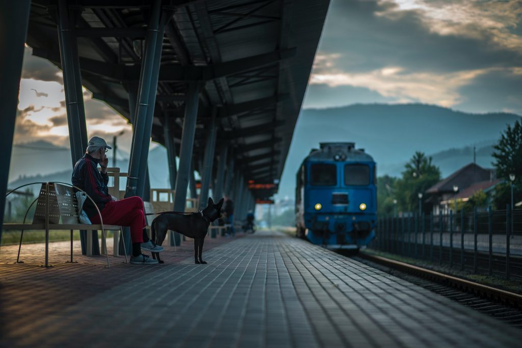 Homme qui attend avec son chien dans une station de train